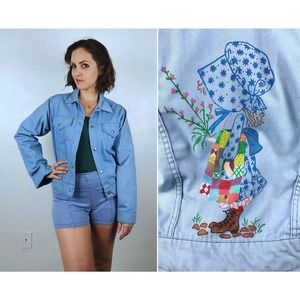 vintage 70s Sears HOLLY HOBBIE Hand Painted Denim JACKET S novelty print prairie